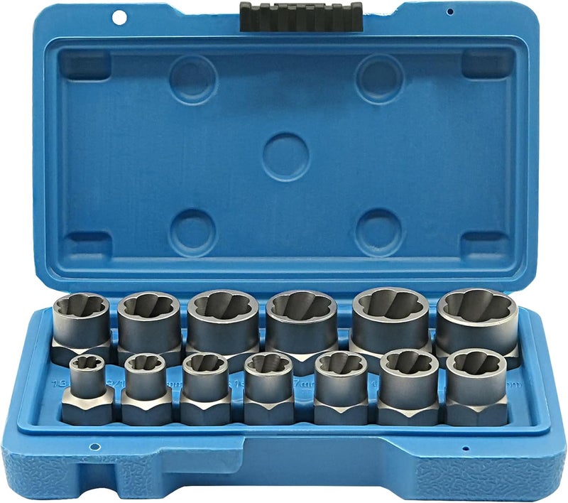 GMTOOLS 13Pcs Screw Extractor Set, Easy Out Bolt Extractor Kit with Bottom 3/8Inch Drive, Multi-Spline Extractors for Removing Damaged Broken Rounded Off Bolt & Nut Remover Set - Image 1